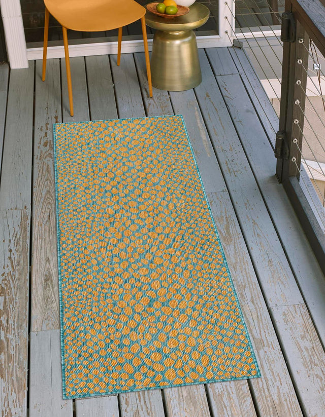 Yellow and Aqua 2' x 8' Jill Zarin Outdoor Runner Area Rug Weather Resistant for Patio, Deck, Terrace, Balcony, Porch Durable 100% Polypropylene Carpet for Outside for Sale at Rug Engine