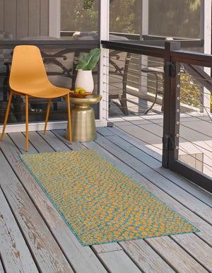 Yellow and Aqua 2' x 6' 1 Jill Zarin Outdoor Runner Area Rug Weather Resistant for Patio, Deck, Terrace, Balcony, Porch Durable 100% Polypropylene Carpet for Outside for Sale at Rug Engine