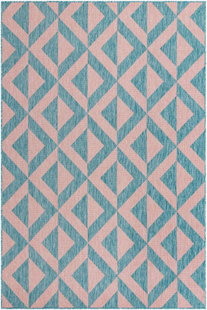 Pink and Aqua 6' 1 x 9' Jill Zarin Outdoor Rectangle Area Rug Weather Resistant for Patio, Deck, Terrace, Balcony, Porch Durable 100% Polypropylene Carpet for Outside for Sale at Rug Engine