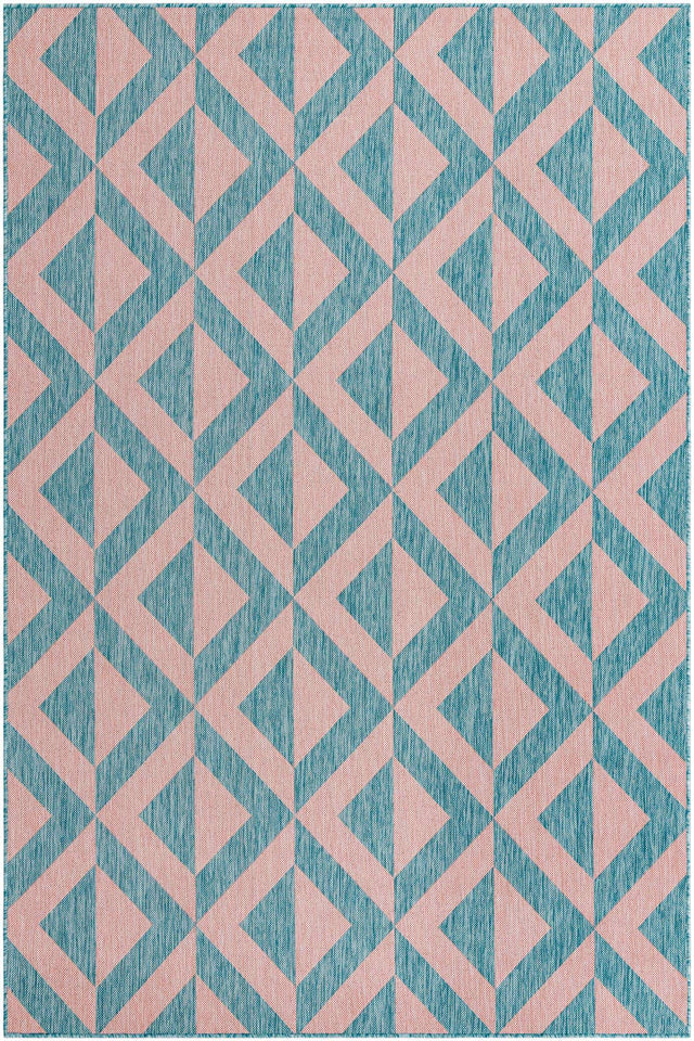 Pink and Aqua 6' 1 x 9' Jill Zarin Outdoor Rectangle Area Rug Weather Resistant for Patio, Deck, Terrace, Balcony, Porch Durable 100% Polypropylene Carpet for Outside for Sale at Rug Engine