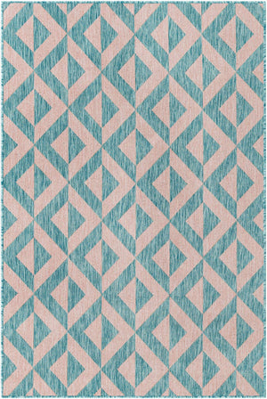 Pink and Aqua 4' 1 x 6' 1 Jill Zarin Outdoor Rectangle Area Rug Weather Resistant for Patio, Deck, Terrace, Balcony, Porch Durable 100% Polypropylene Carpet for Outside for Sale at Rug Engine