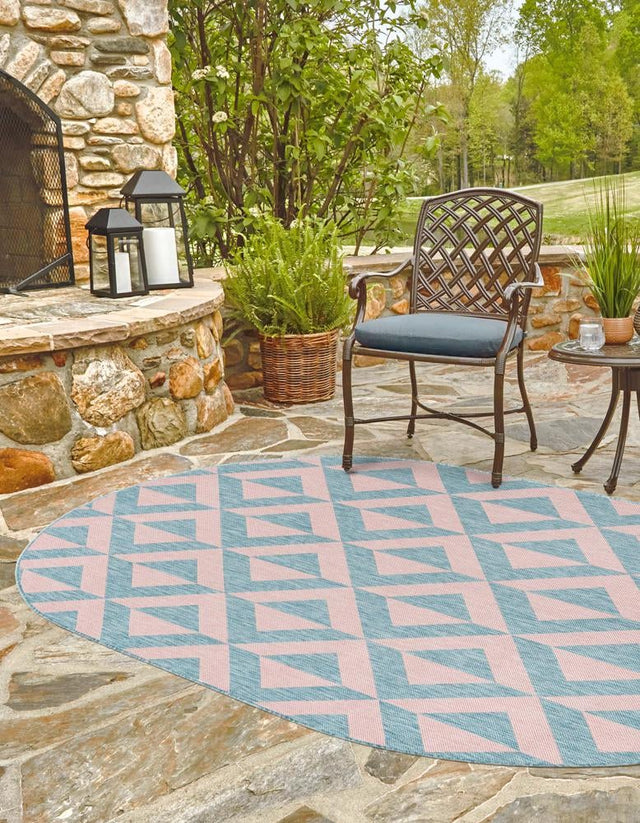 Pink and Aqua 5' 3 x 8' Jill Zarin Outdoor Oval Area Rug Weather Resistant for Patio, Deck, Terrace, Balcony, Porch Durable 100% Polypropylene Carpet for Outside for Sale at Rug Engine