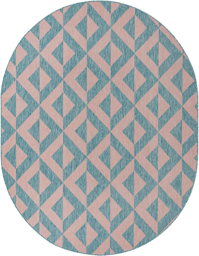 Pink and Aqua 7' 10 x 10' Jill Zarin Outdoor Oval Area Rug Weather Resistant for Patio, Deck, Terrace, Balcony, Porch Durable 100% Polypropylene Carpet for Outside for Sale at Rug Engine