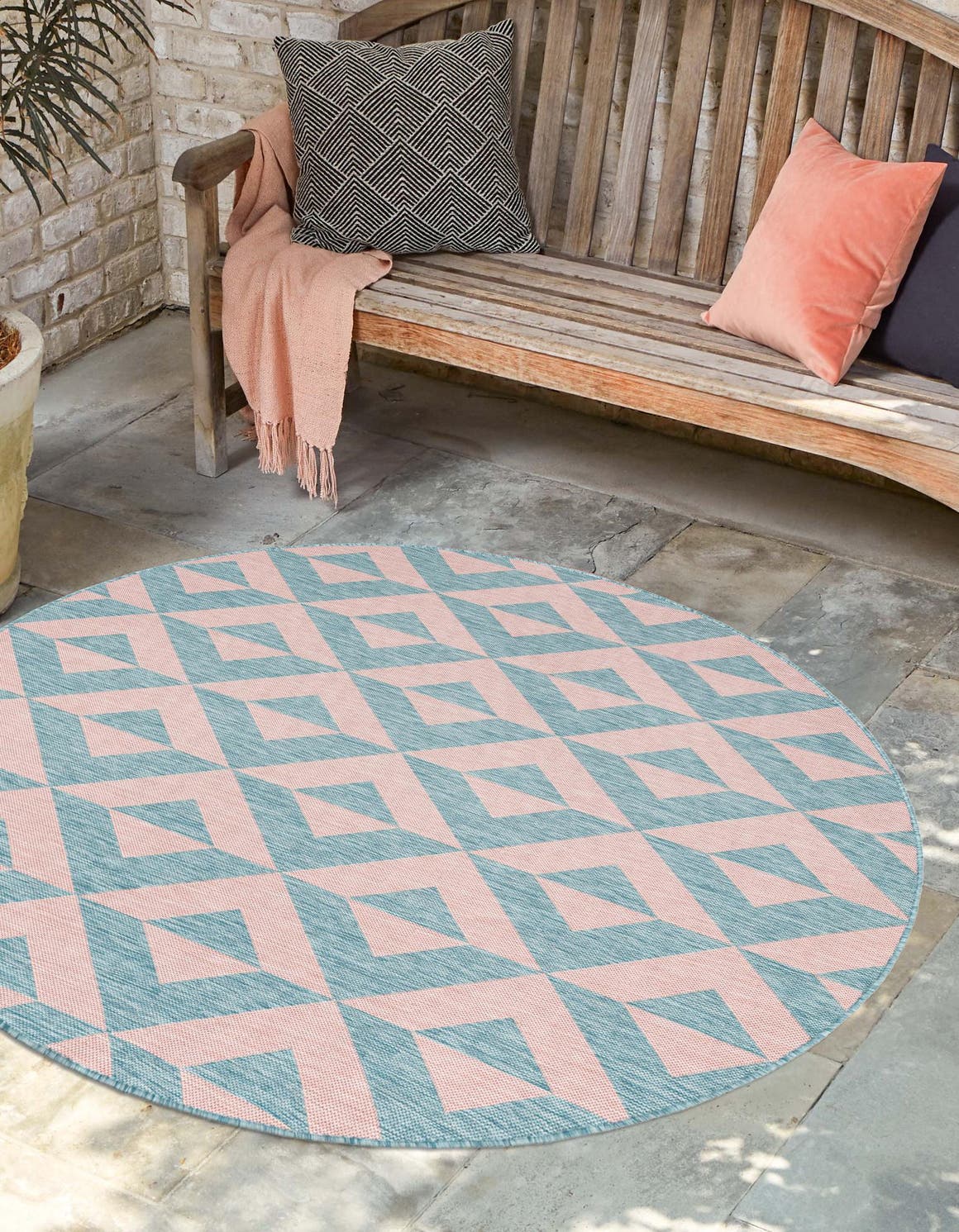 Pink and Aqua 13' 1 x 13' 1 Jill Zarin Outdoor Round Area Rug Weather Resistant for Patio, Deck, Terrace, Balcony, Porch Durable 100% Polypropylene Carpet for Outside for Sale at Rug Engine