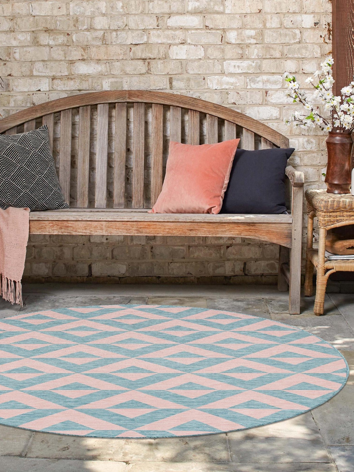 Pink and Aqua 7' 1 x 7' 1 Jill Zarin Outdoor Round Area Rug Weather Resistant for Patio, Deck, Terrace, Balcony, Porch Durable 100% Polypropylene Carpet for Outside for Sale at Rug Engine