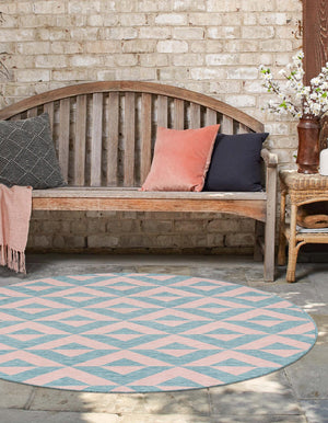 Pink and Aqua 10' 8 x 10' 8 Jill Zarin Outdoor Round Area Rug Weather Resistant for Patio, Deck, Terrace, Balcony, Porch Durable 100% Polypropylene Carpet for Outside for Sale at Rug Engine