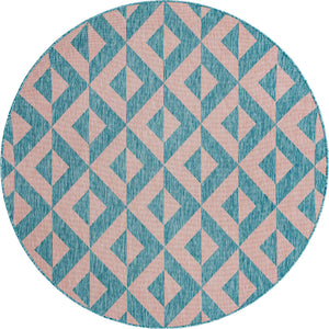Pink and Aqua 7' 1 x 7' 1 Jill Zarin Outdoor Round Area Rug Weather Resistant for Patio, Deck, Terrace, Balcony, Porch Durable 100% Polypropylene Carpet for Outside for Sale at Rug Engine