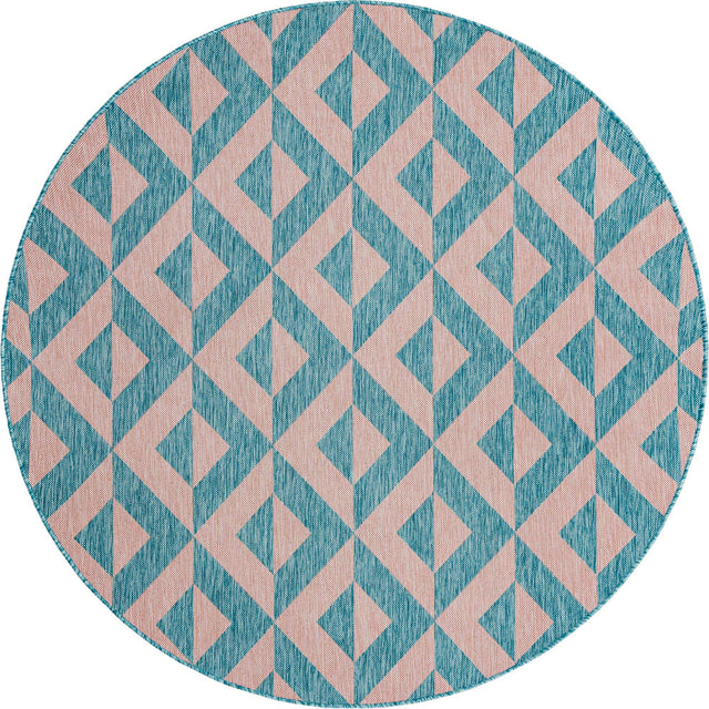 Pink and Aqua 7' 1 x 7' 1 Jill Zarin Outdoor Round Area Rug Weather Resistant for Patio, Deck, Terrace, Balcony, Porch Durable 100% Polypropylene Carpet for Outside for Sale at Rug Engine