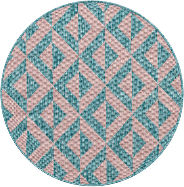 Pink and Aqua 3' 1 x 3' 1 Jill Zarin Outdoor Round Area Rug Weather Resistant for Patio, Deck, Terrace, Balcony, Porch Durable 100% Polypropylene Carpet for Outside for Sale at Rug Engine