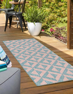 Pink and Aqua 2' x 6' 1 Jill Zarin Outdoor Runner Area Rug Weather Resistant for Patio, Deck, Terrace, Balcony, Porch Durable 100% Polypropylene Carpet for Outside for Sale at Rug Engine