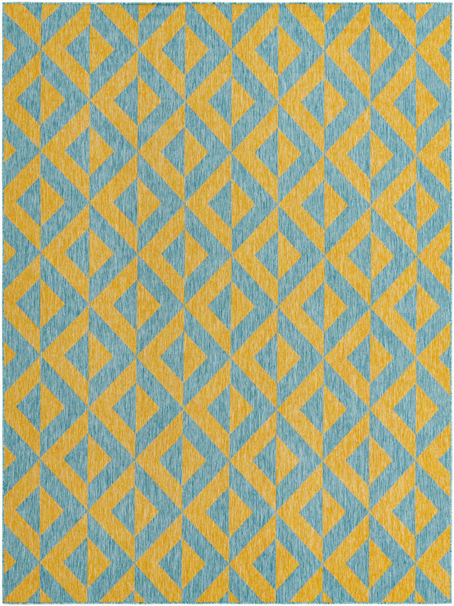 Yellow and Aqua 9' x 12' Jill Zarin Outdoor Rectangle Area Rug Weather Resistant for Patio, Deck, Terrace, Balcony, Porch Durable 100% Polypropylene Carpet for Outside for Sale at Rug Engine