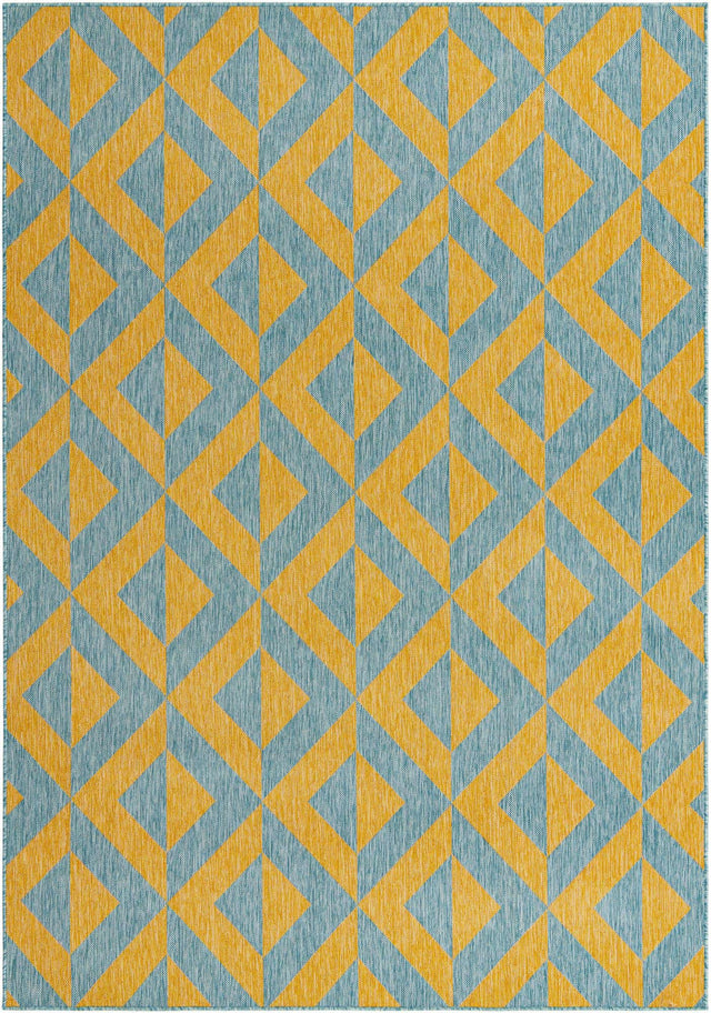 Yellow and Aqua 7' 1 x 10' Jill Zarin Outdoor Rectangle Area Rug Weather Resistant for Patio, Deck, Terrace, Balcony, Porch Durable 100% Polypropylene Carpet for Outside for Sale at Rug Engine