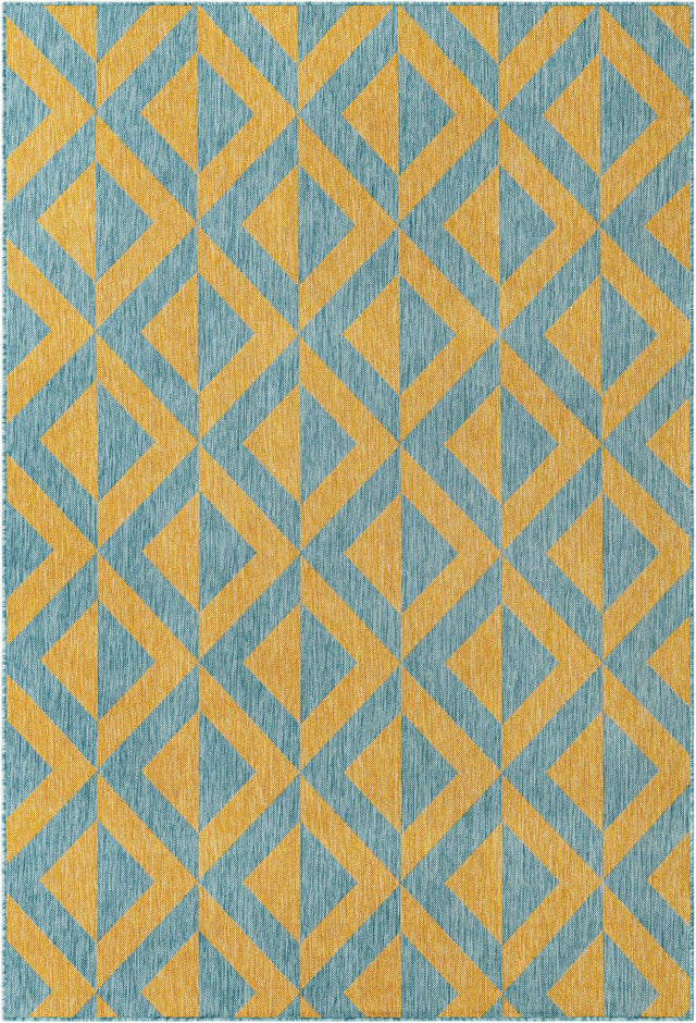 Yellow and Aqua 6' 1 x 9' Jill Zarin Outdoor Rectangle Area Rug Weather Resistant for Patio, Deck, Terrace, Balcony, Porch Durable 100% Polypropylene Carpet for Outside for Sale at Rug Engine