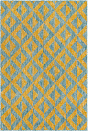 Yellow and Aqua 4' 1 x 6' 1 Jill Zarin Outdoor Rectangle Area Rug Weather Resistant for Patio, Deck, Terrace, Balcony, Porch Durable 100% Polypropylene Carpet for Outside for Sale at Rug Engine