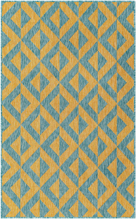 Yellow and Aqua 3' 1 x 5' 3 Jill Zarin Outdoor Rectangle Area Rug Weather Resistant for Patio, Deck, Terrace, Balcony, Porch Durable 100% Polypropylene Carpet for Outside for Sale at Rug Engine
