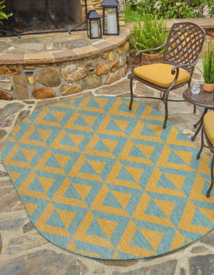 Yellow and Aqua 5' 3 x 8' Jill Zarin Outdoor Oval Area Rug Weather Resistant for Patio, Deck, Terrace, Balcony, Porch Durable 100% Polypropylene Carpet for Outside for Sale at Rug Engine