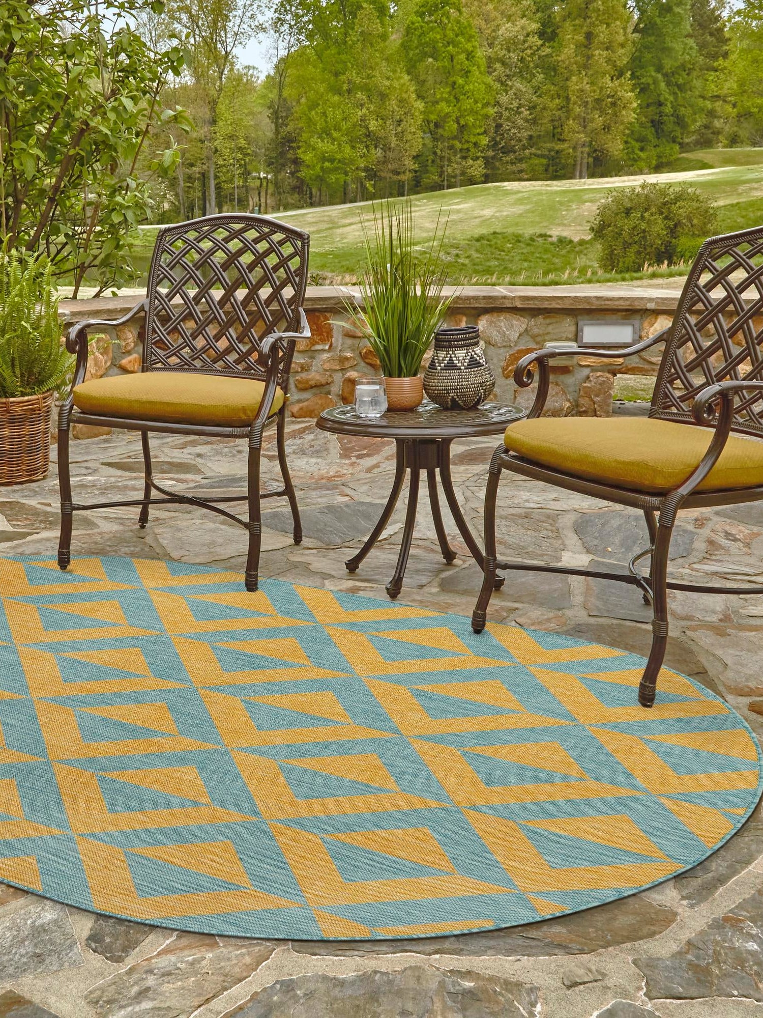 Yellow and Aqua 7' 10 x 10' Jill Zarin Outdoor Oval Area Rug Weather Resistant for Patio, Deck, Terrace, Balcony, Porch Durable 100% Polypropylene Carpet for Outside for Sale at Rug Engine