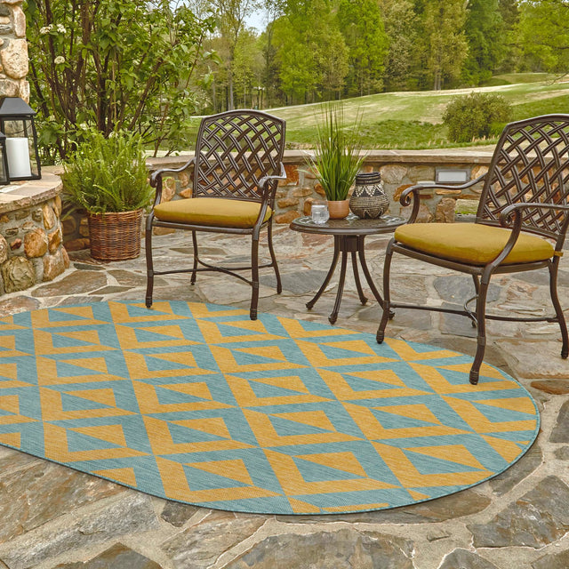 Yellow and Aqua 5' 3 x 8' Jill Zarin Outdoor Oval Area Rug Weather Resistant for Patio, Deck, Terrace, Balcony, Porch Durable 100% Polypropylene Carpet for Outside for Sale at Rug Engine