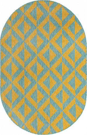 Yellow and Aqua 5' 3 x 8' Jill Zarin Outdoor Oval Area Rug Weather Resistant for Patio, Deck, Terrace, Balcony, Porch Durable 100% Polypropylene Carpet for Outside for Sale at Rug Engine