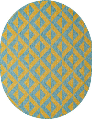 Yellow and Aqua 7' 10 x 10' Jill Zarin Outdoor Oval Area Rug Weather Resistant for Patio, Deck, Terrace, Balcony, Porch Durable 100% Polypropylene Carpet for Outside for Sale at Rug Engine