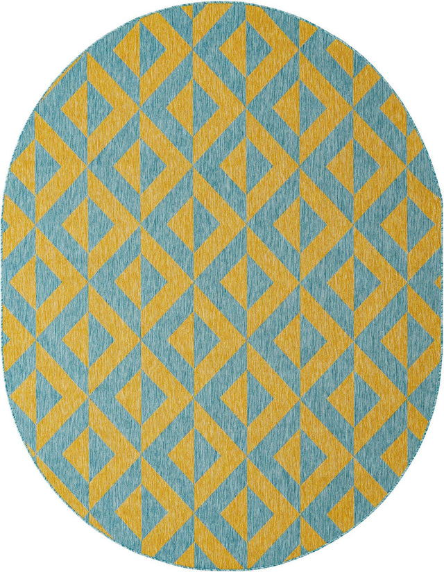 Yellow and Aqua 7' 10 x 10' Jill Zarin Outdoor Oval Area Rug Weather Resistant for Patio, Deck, Terrace, Balcony, Porch Durable 100% Polypropylene Carpet for Outside for Sale at Rug Engine