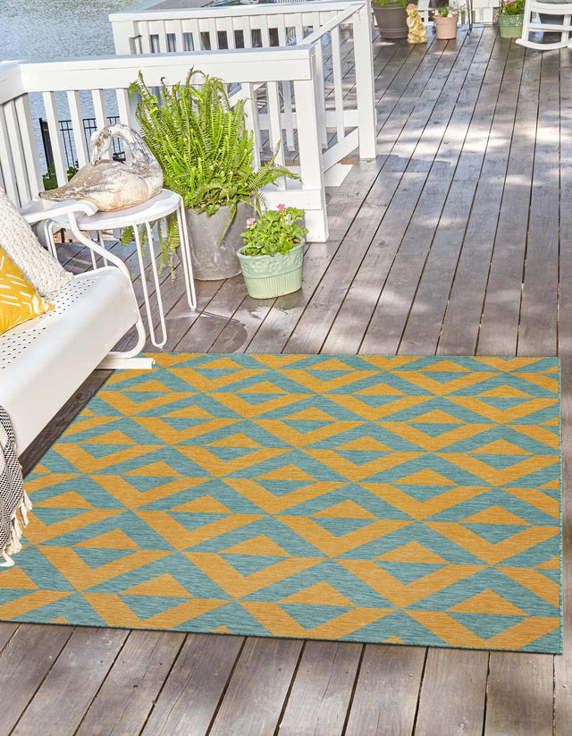 Yellow and Aqua 7' 10 x 7' 10 Jill Zarin Outdoor Square Area Rug Weather Resistant for Patio, Deck, Terrace, Balcony, Porch Durable 100% Polypropylene Carpet for Outside for Sale at Rug Engine