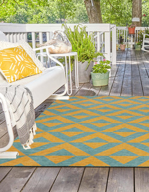 Yellow and Aqua 7' 10 x 7' 10 Jill Zarin Outdoor Square Area Rug Weather Resistant for Patio, Deck, Terrace, Balcony, Porch Durable 100% Polypropylene Carpet for Outside for Sale at Rug Engine