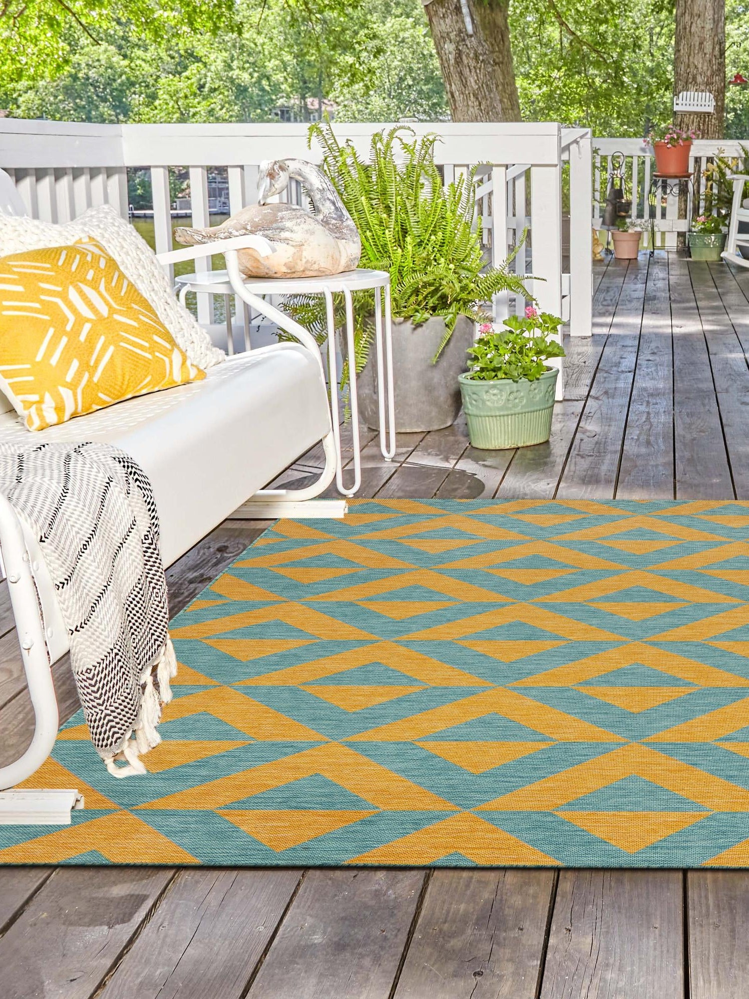 Yellow and Aqua 10' 8 x 10' 8 Jill Zarin Outdoor Square Area Rug Weather Resistant for Patio, Deck, Terrace, Balcony, Porch Durable 100% Polypropylene Carpet for Outside for Sale at Rug Engine