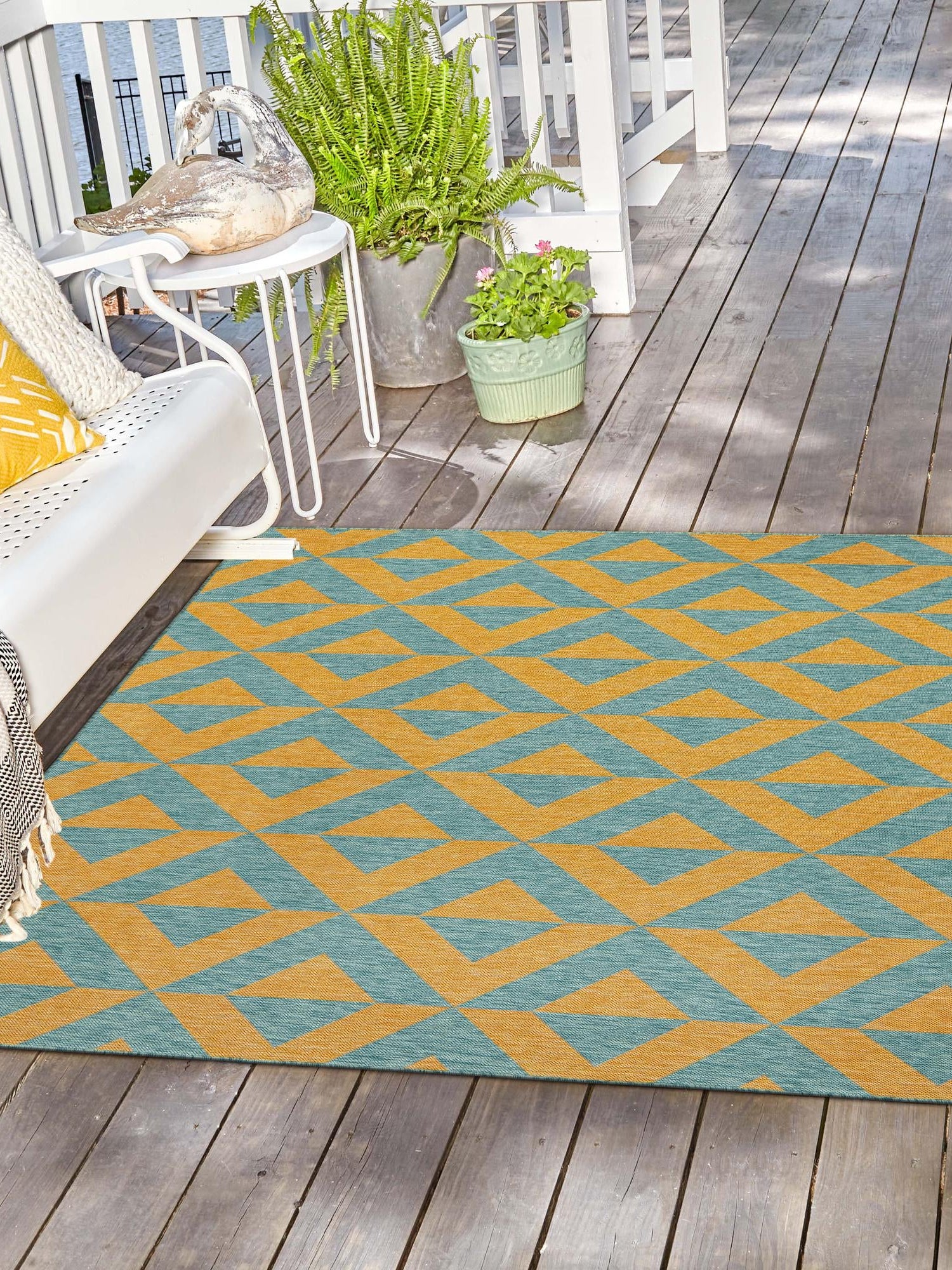 Yellow and Aqua 7' 10 x 7' 10 Jill Zarin Outdoor Square Area Rug Weather Resistant for Patio, Deck, Terrace, Balcony, Porch Durable 100% Polypropylene Carpet for Outside for Sale at Rug Engine