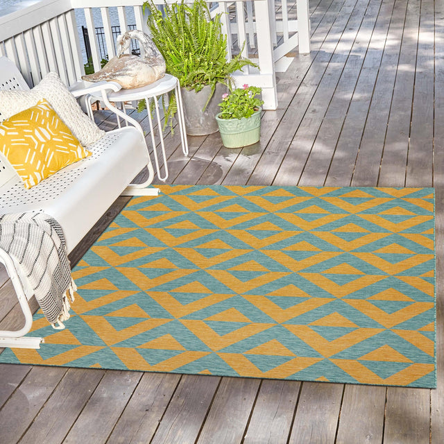 Yellow and Aqua 7' 10 x 7' 10 Jill Zarin Outdoor Square Area Rug Weather Resistant for Patio, Deck, Terrace, Balcony, Porch Durable 100% Polypropylene Carpet for Outside for Sale at Rug Engine