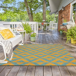 Yellow and Aqua 13' 1 x 13' 1 Jill Zarin Outdoor Square Area Rug Weather Resistant for Patio, Deck, Terrace, Balcony, Porch Durable 100% Polypropylene Carpet for Outside for Sale at Rug Engine