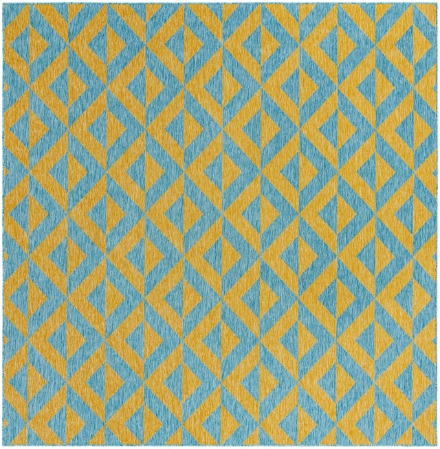 Yellow and Aqua 10' 8 x 10' 8 Jill Zarin Outdoor Square Area Rug Weather Resistant for Patio, Deck, Terrace, Balcony, Porch Durable 100% Polypropylene Carpet for Outside for Sale at Rug Engine