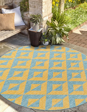 Yellow and Aqua 10' 8 x 10' 8 Jill Zarin Outdoor Round Area Rug Weather Resistant for Patio, Deck, Terrace, Balcony, Porch Durable 100% Polypropylene Carpet for Outside for Sale at Rug Engine