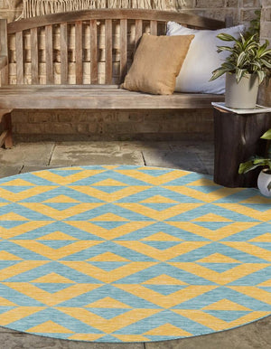 Yellow and Aqua 6' 7 x 6' 7 Jill Zarin Outdoor Round Area Rug Weather Resistant for Patio, Deck, Terrace, Balcony, Porch Durable 100% Polypropylene Carpet for Outside for Sale at Rug Engine