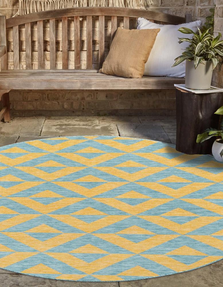 Yellow and Aqua 3' 1 x 3' 1 Jill Zarin Outdoor Round Area Rug Weather Resistant for Patio, Deck, Terrace, Balcony, Porch Durable 100% Polypropylene Carpet for Outside for Sale at Rug Engine