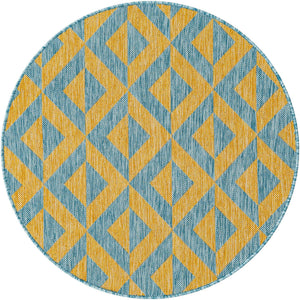 Yellow and Aqua 3' 1 x 3' 1 Jill Zarin Outdoor Round Area Rug Weather Resistant for Patio, Deck, Terrace, Balcony, Porch Durable 100% Polypropylene Carpet for Outside for Sale at Rug Engine