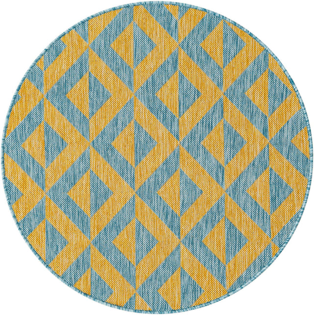 Yellow and Aqua 3' 1 x 3' 1 Jill Zarin Outdoor Round Area Rug Weather Resistant for Patio, Deck, Terrace, Balcony, Porch Durable 100% Polypropylene Carpet for Outside for Sale at Rug Engine