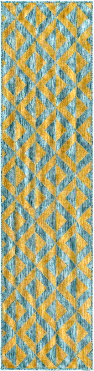 Yellow and Aqua 2' x 8' Jill Zarin Outdoor Runner Area Rug Weather Resistant for Patio, Deck, Terrace, Balcony, Porch Durable 100% Polypropylene Carpet for Outside for Sale at Rug Engine