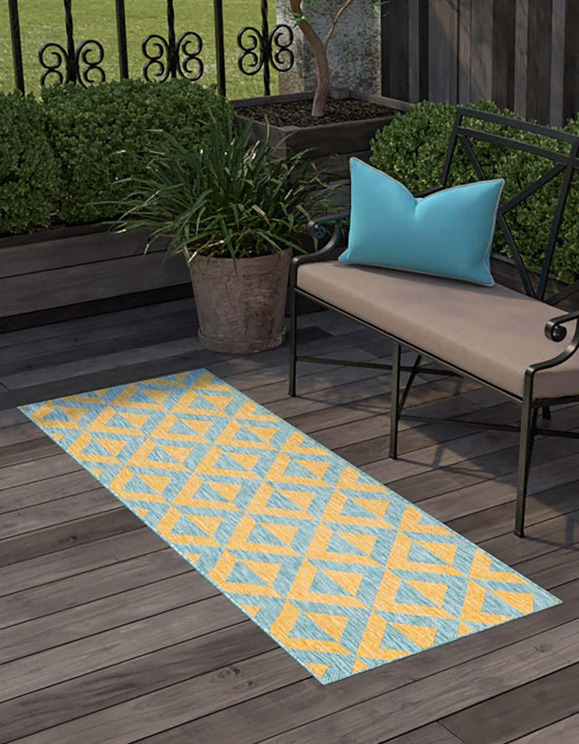 Yellow and Aqua 2' x 6' 1 Jill Zarin Outdoor Runner Area Rug Weather Resistant for Patio, Deck, Terrace, Balcony, Porch Durable 100% Polypropylene Carpet for Outside for Sale at Rug Engine