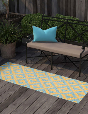 Yellow and Aqua 2' x 6' 1 Jill Zarin Outdoor Runner Area Rug Weather Resistant for Patio, Deck, Terrace, Balcony, Porch Durable 100% Polypropylene Carpet for Outside for Sale at Rug Engine