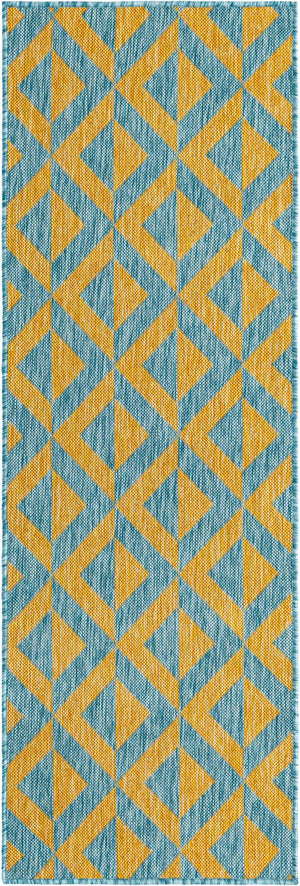 Yellow and Aqua 2' x 6' 1 Jill Zarin Outdoor Runner Area Rug Weather Resistant for Patio, Deck, Terrace, Balcony, Porch Durable 100% Polypropylene Carpet for Outside for Sale at Rug Engine