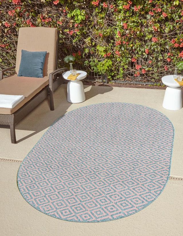 Pink and Aqua 7' 10 x 10' Jill Zarin Outdoor Oval Area Rug Weather Resistant for Patio, Deck, Terrace, Balcony, Porch Durable 100% Polypropylene Carpet for Outside for Sale at Rug Engine