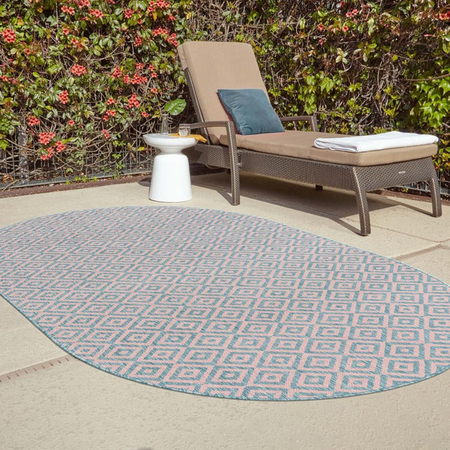 Pink and Aqua 5' 3 x 8' Jill Zarin Outdoor Oval Area Rug Weather Resistant for Patio, Deck, Terrace, Balcony, Porch Durable 100% Polypropylene Carpet for Outside for Sale at Rug Engine