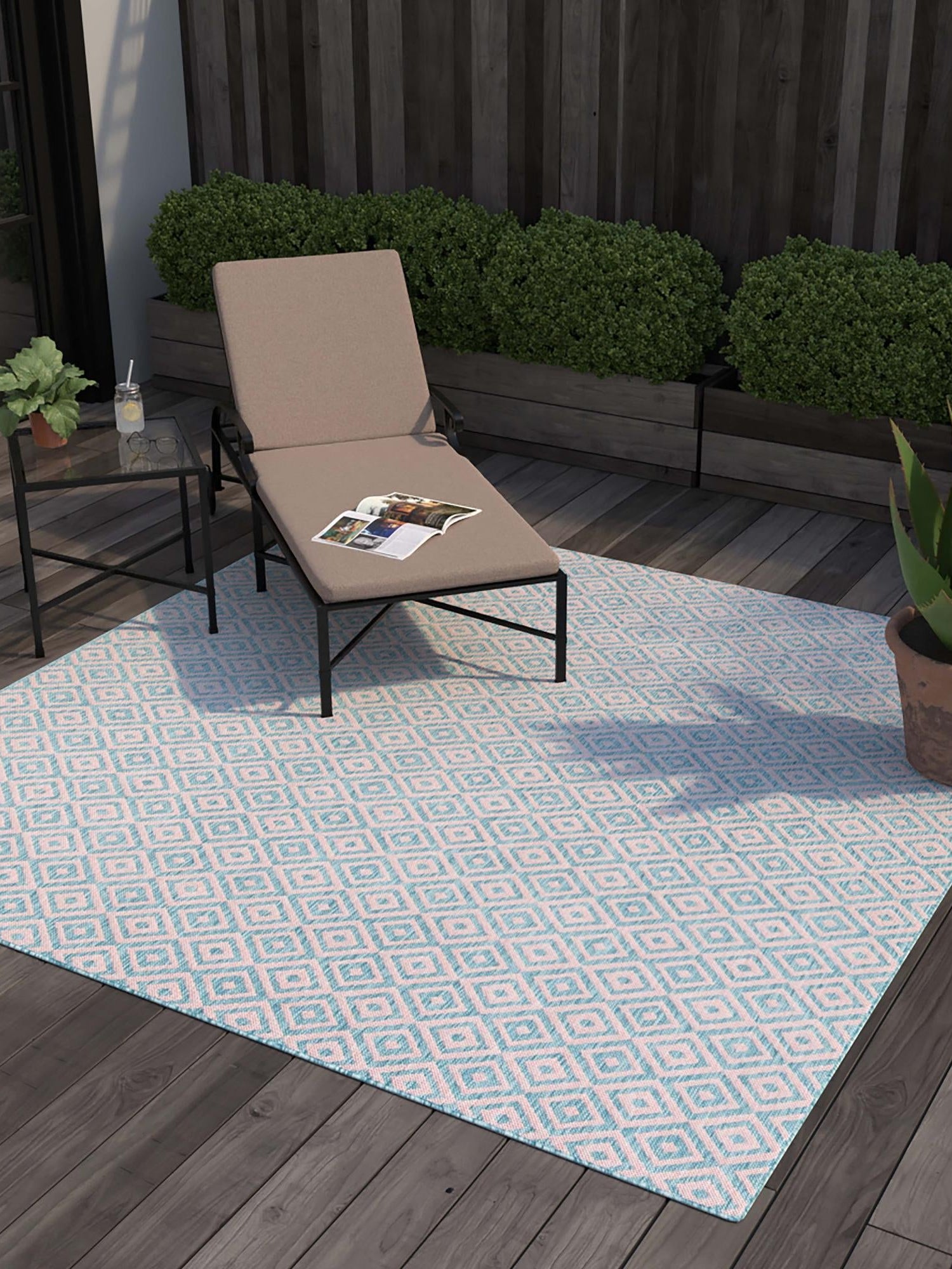 Pink and Aqua 7' 10 x 7' 10 Jill Zarin Outdoor Square Area Rug Weather Resistant for Patio, Deck, Terrace, Balcony, Porch Durable 100% Polypropylene Carpet for Outside for Sale at Rug Engine