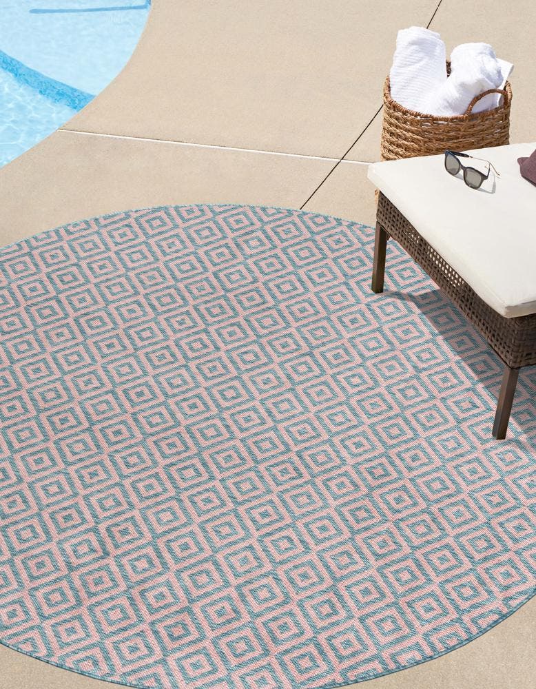 Pink and Aqua 7' 1 x 7' 1 Jill Zarin Outdoor Round Area Rug Weather Resistant for Patio, Deck, Terrace, Balcony, Porch Durable 100% Polypropylene Carpet for Outside for Sale at Rug Engine