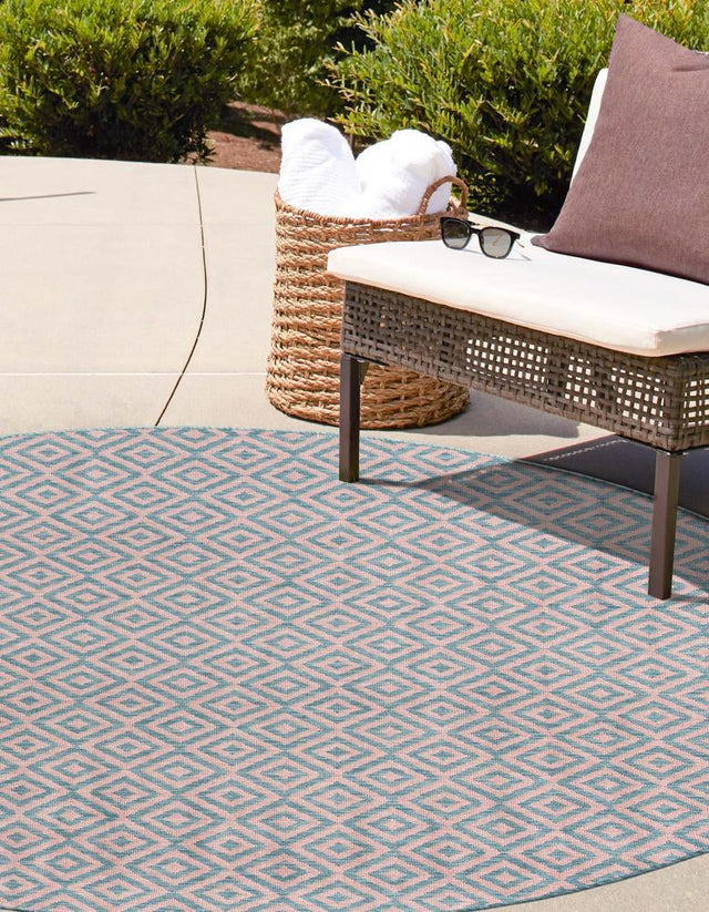 Pink and Aqua 10' 8 x 10' 8 Jill Zarin Outdoor Round Area Rug Weather Resistant for Patio, Deck, Terrace, Balcony, Porch Durable 100% Polypropylene Carpet for Outside for Sale at Rug Engine