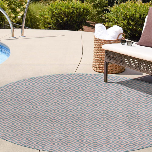 Pink and Aqua 10' 8 x 10' 8 Jill Zarin Outdoor Round Area Rug Weather Resistant for Patio, Deck, Terrace, Balcony, Porch Durable 100% Polypropylene Carpet for Outside for Sale at Rug Engine
