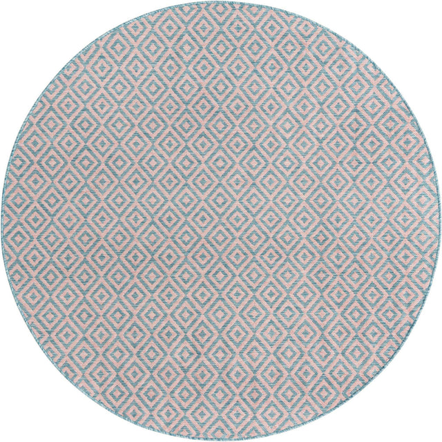 Pink and Aqua 7' 1 x 7' 1 Jill Zarin Outdoor Round Area Rug Weather Resistant for Patio, Deck, Terrace, Balcony, Porch Durable 100% Polypropylene Carpet for Outside for Sale at Rug Engine