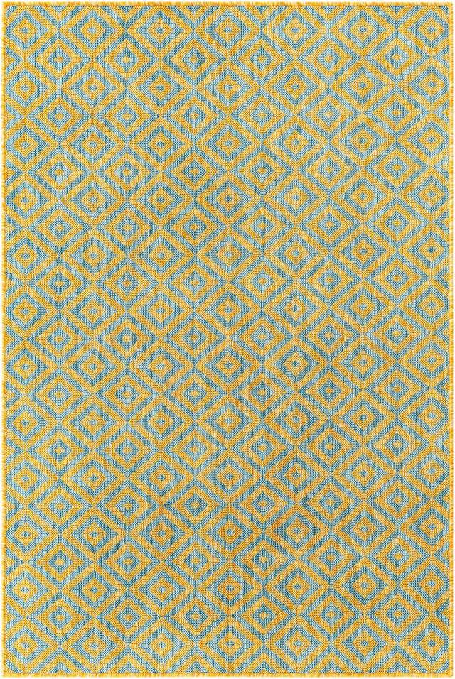 Yellow and Aqua 4' 1 x 6' 1 Jill Zarin Outdoor Rectangle Area Rug Weather Resistant for Patio, Deck, Terrace, Balcony, Porch Durable 100% Polypropylene Carpet for Outside for Sale at Rug Engine