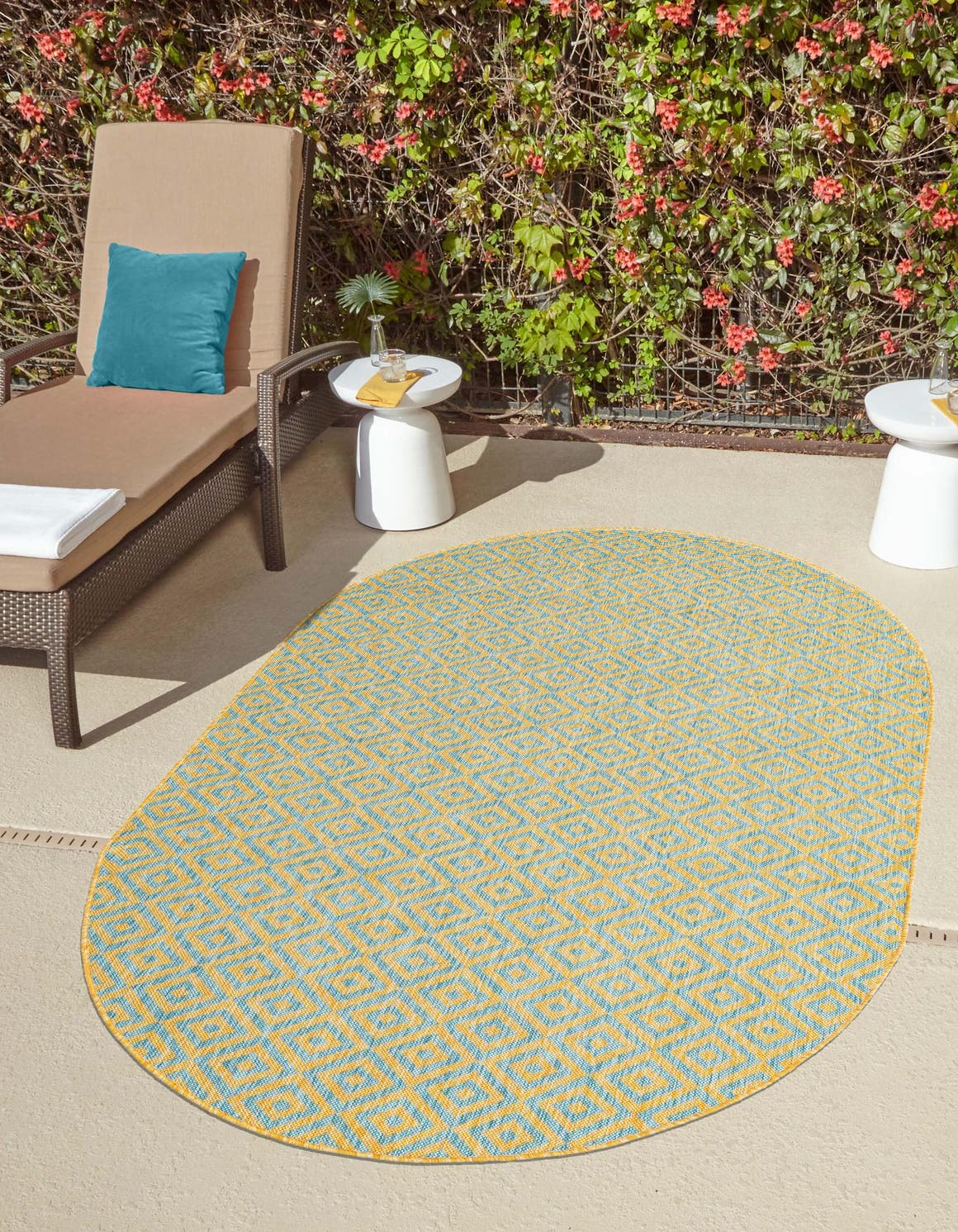 Yellow and Aqua 5' 3 x 8' Jill Zarin Outdoor Oval Area Rug Weather Resistant for Patio, Deck, Terrace, Balcony, Porch Durable 100% Polypropylene Carpet for Outside for Sale at Rug Engine